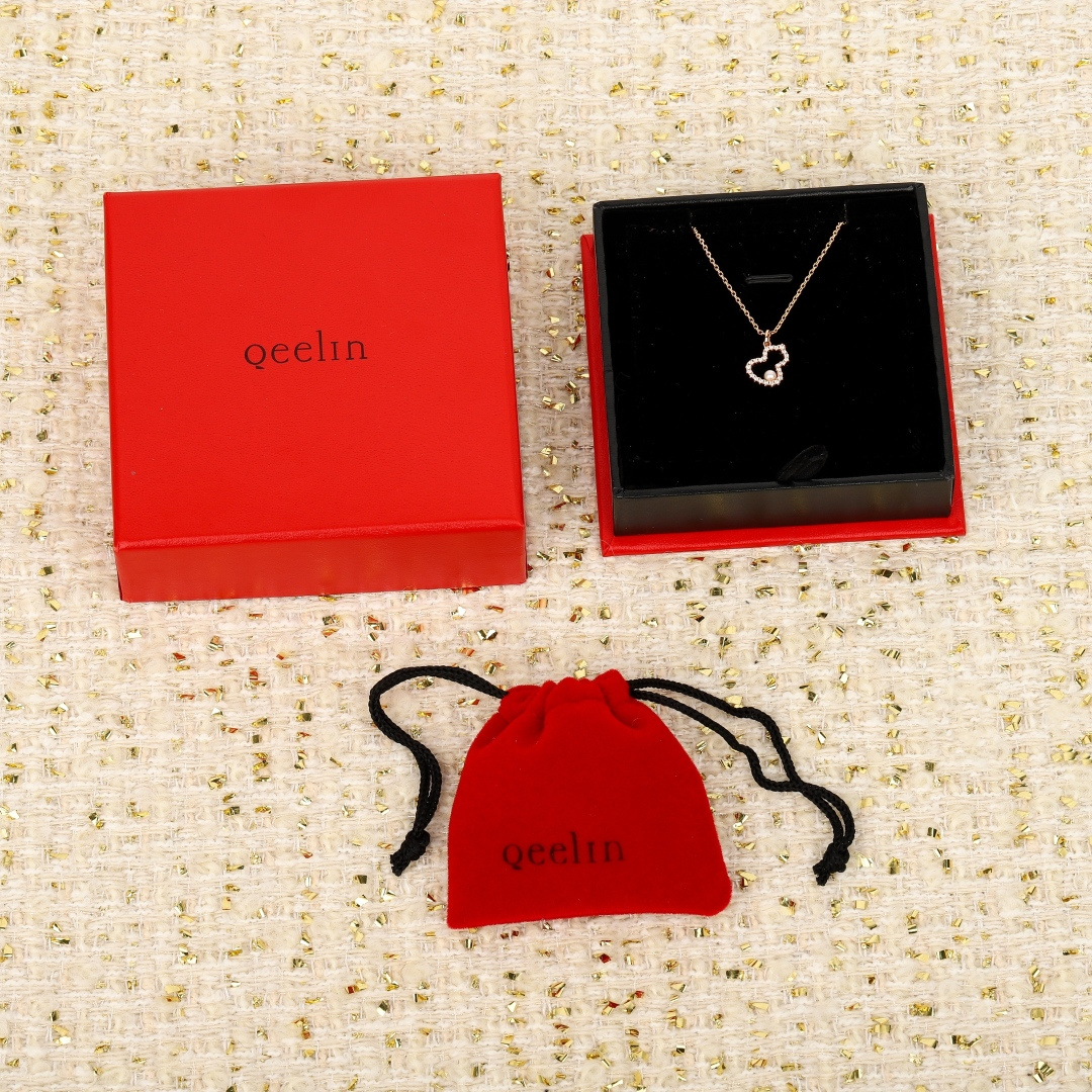Qeelin Wulu Pearl Gourd necklace 18K rose gold white pearl clear diamond 42cm