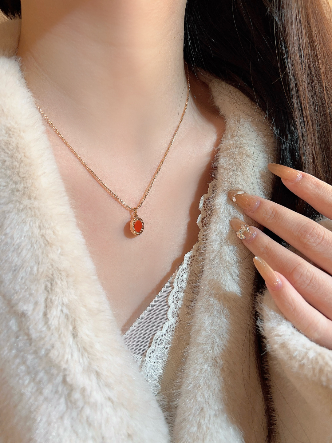 Bvlgari Bvlgari necklace rose gold red carnelian clear diamond accents 18 inches
