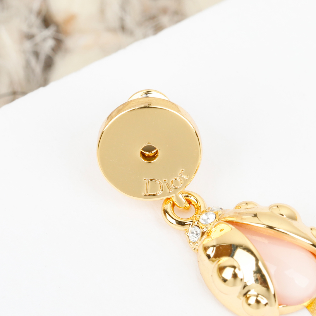 Dior Ladybug Drop Earrings earrings Gold-tone metal with pale pink cabochon and clear crystal accents One Size
