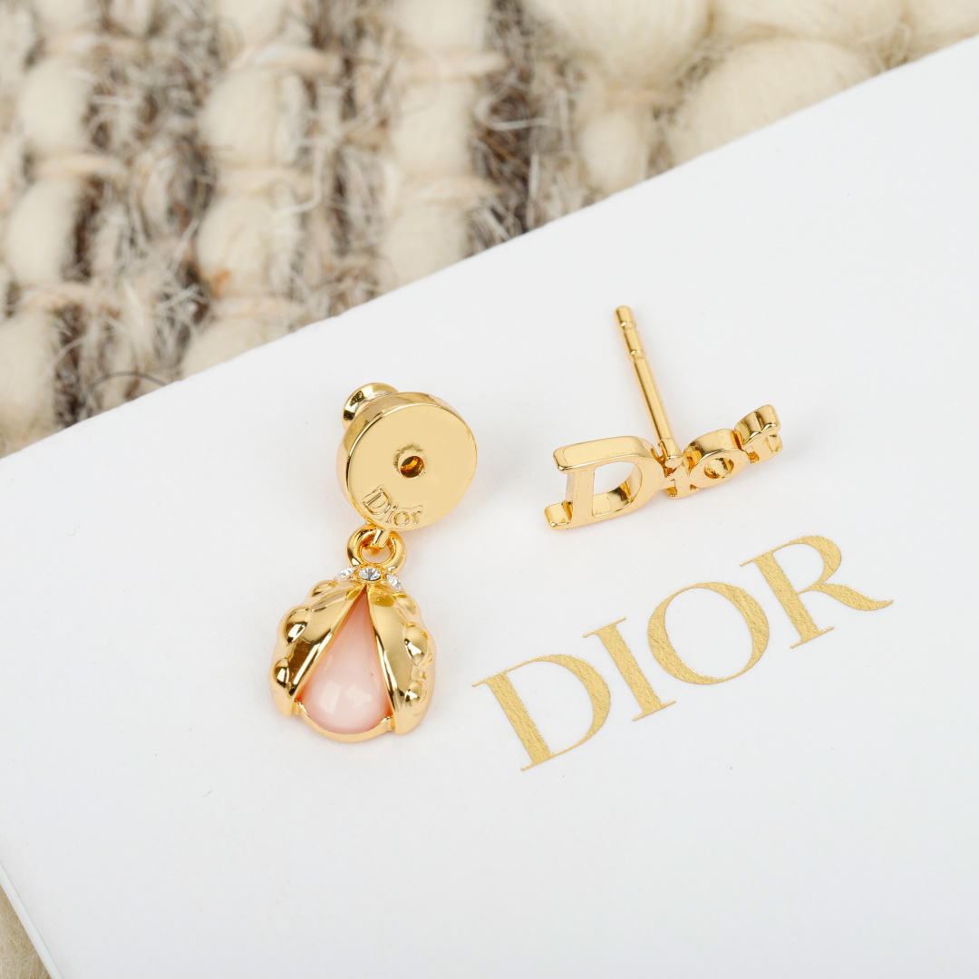 Dior Ladybug Drop Earrings earrings Gold-tone metal with pale pink cabochon and clear crystal accents One Size