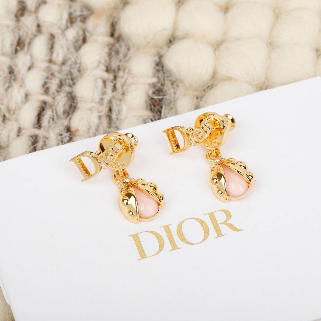 Dior Ladybug Drop Earrings earrings Gold-tone metal with pale pink cabochon and clear crystal accents One Size
