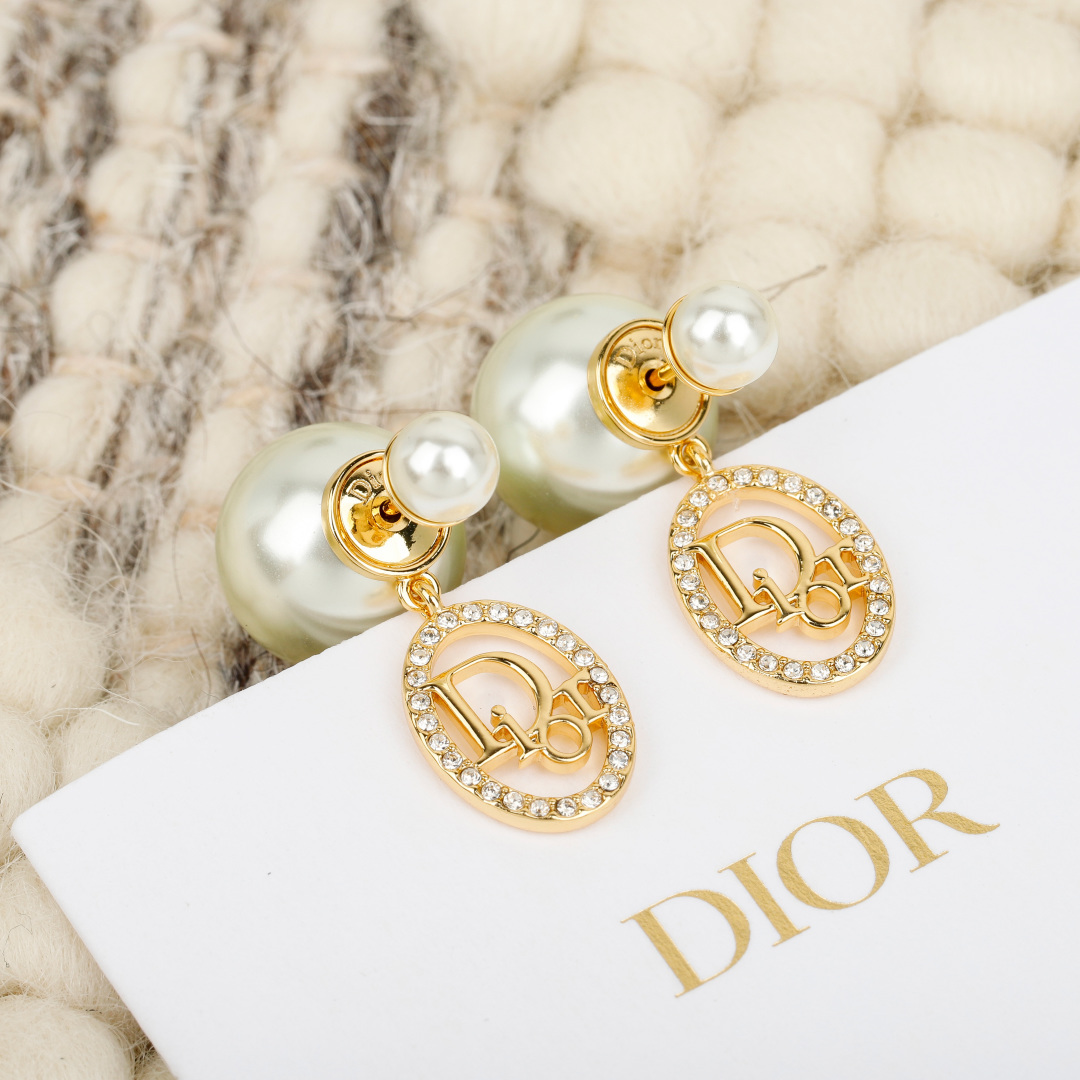 Dior Tribales earrings gold-tone metal white resin pearl clear crystal 1 2cm diameter large pearl 1cm charm drop