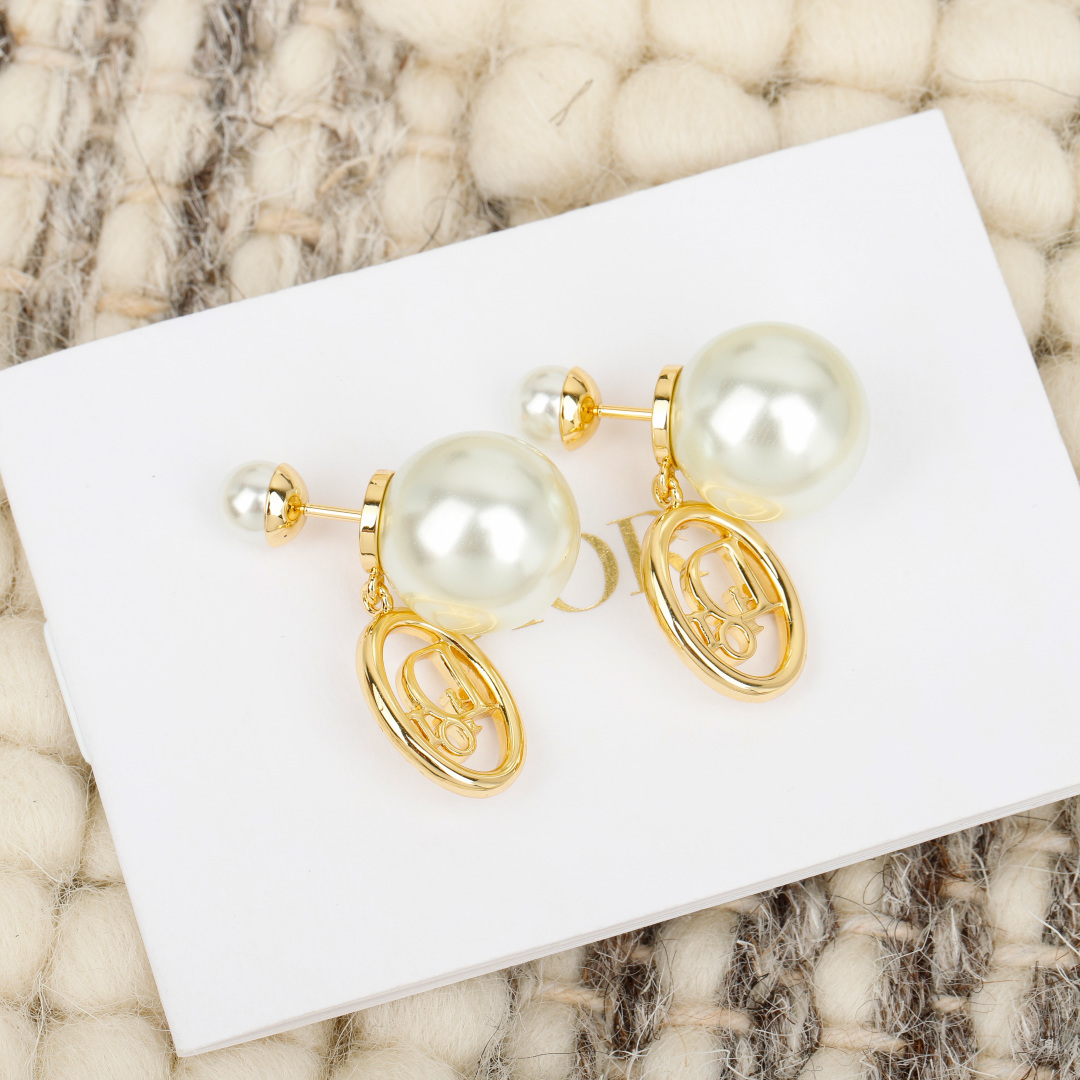 Dior Tribales earrings gold-tone metal white resin pearl clear crystal 1 2cm diameter large pearl 1cm charm drop