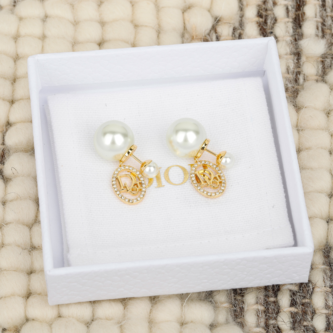 Dior Tribales earrings gold-tone metal white resin pearl clear crystal 1 2cm diameter large pearl 1cm charm drop