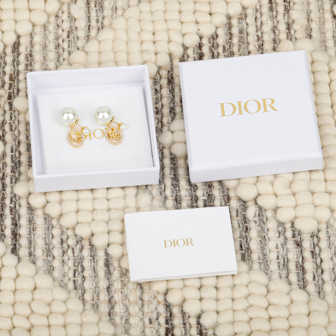 Dior Tribales earrings gold-tone metal white resin pearl clear crystal 1 2cm diameter large pearl 1cm charm drop