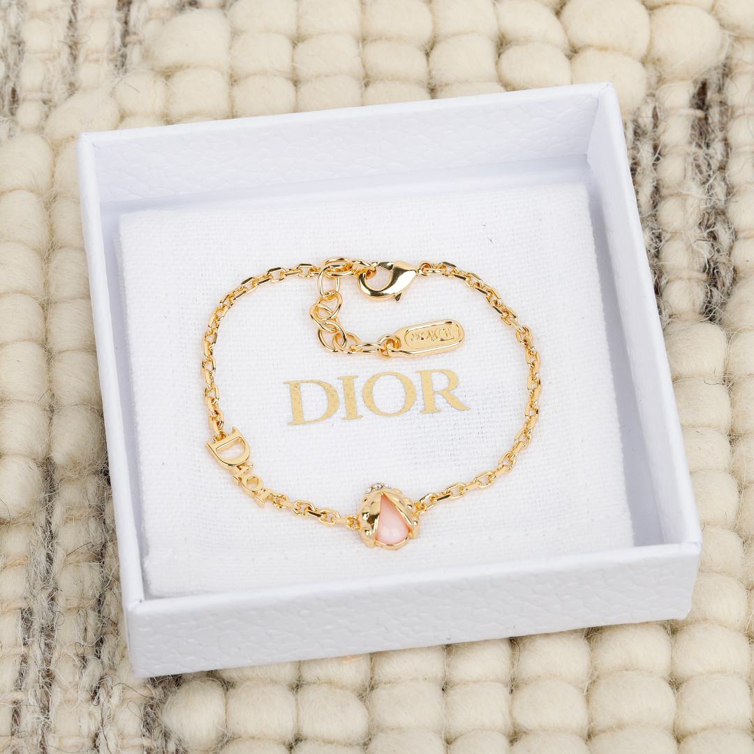 Dior Ladybug Charm Bracelet bracelet gold-tone metal with pink opalescent stone 17cm with 2cm extender