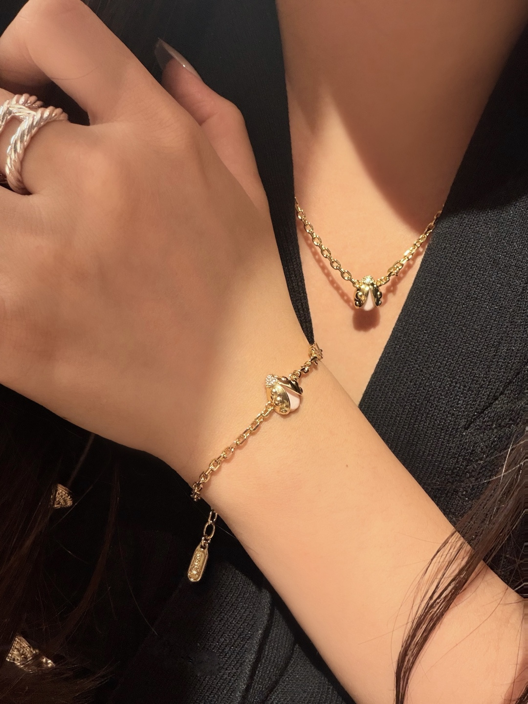 Dior Ladybug Charm Bracelet bracelet gold-tone metal with pink opalescent stone 17cm with 2cm extender