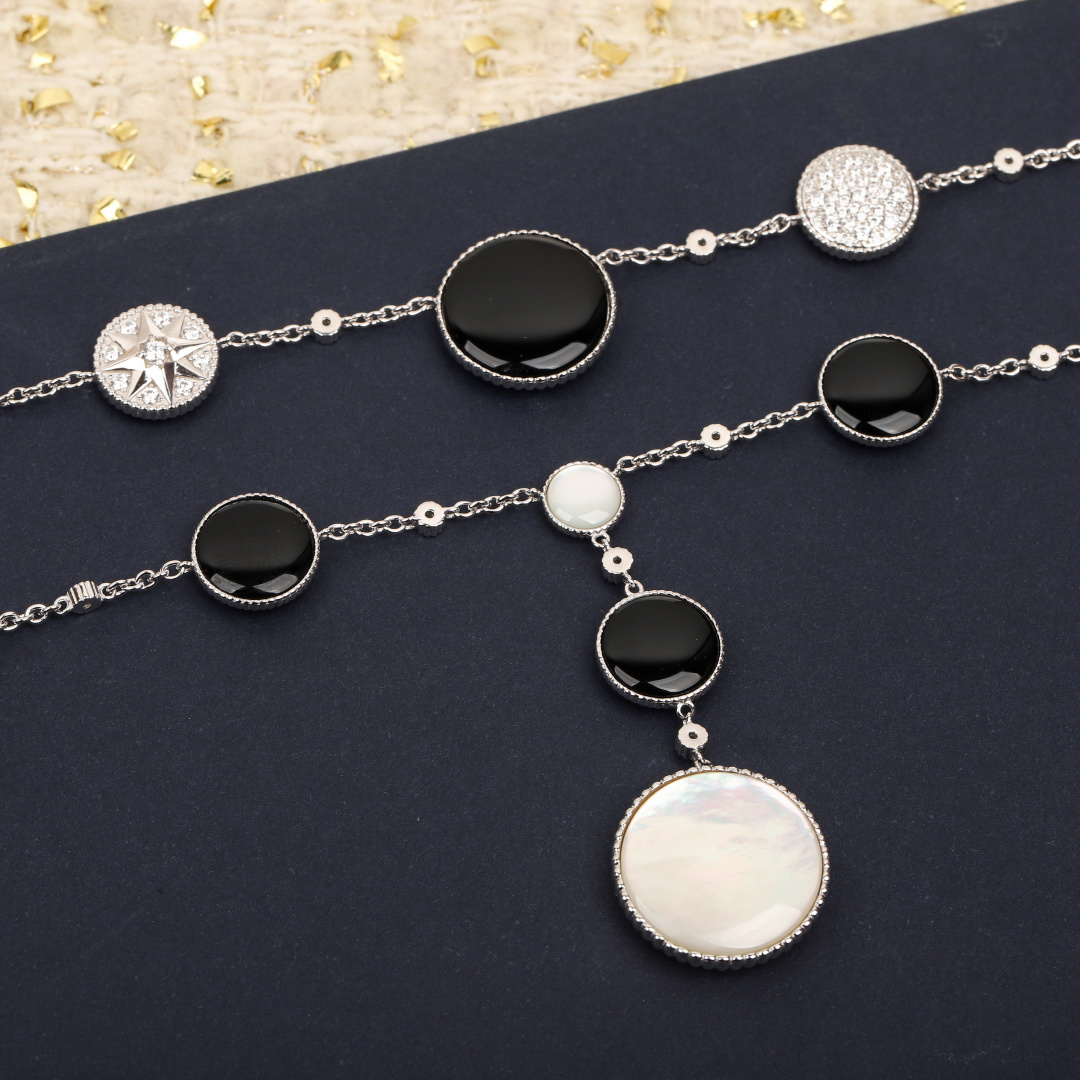 Dior Compass Rose des Vents double-layer long necklace necklace Available in yellow gold rose gold and silver-tone metal set with clear diamonds white mother-of-pearl and black onyx accents 80cm with 5cm extender chain