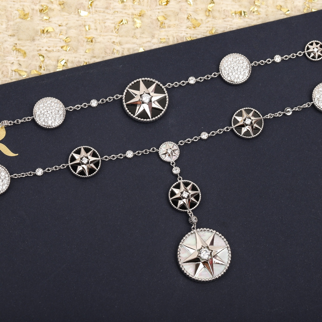 Dior Compass Rose des Vents double-layer long necklace necklace Available in yellow gold rose gold and silver-tone metal set with clear diamonds white mother-of-pearl and black onyx accents 80cm with 5cm extender chain