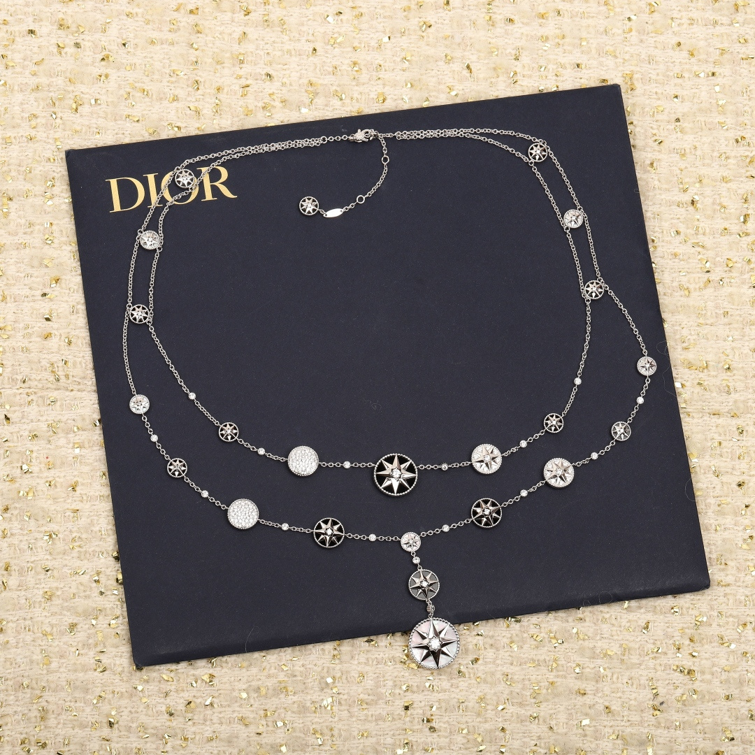 Dior Compass Rose des Vents double-layer long necklace necklace Available in yellow gold rose gold and silver-tone metal set with clear diamonds white mother-of-pearl and black onyx accents 80cm with 5cm extender chain
