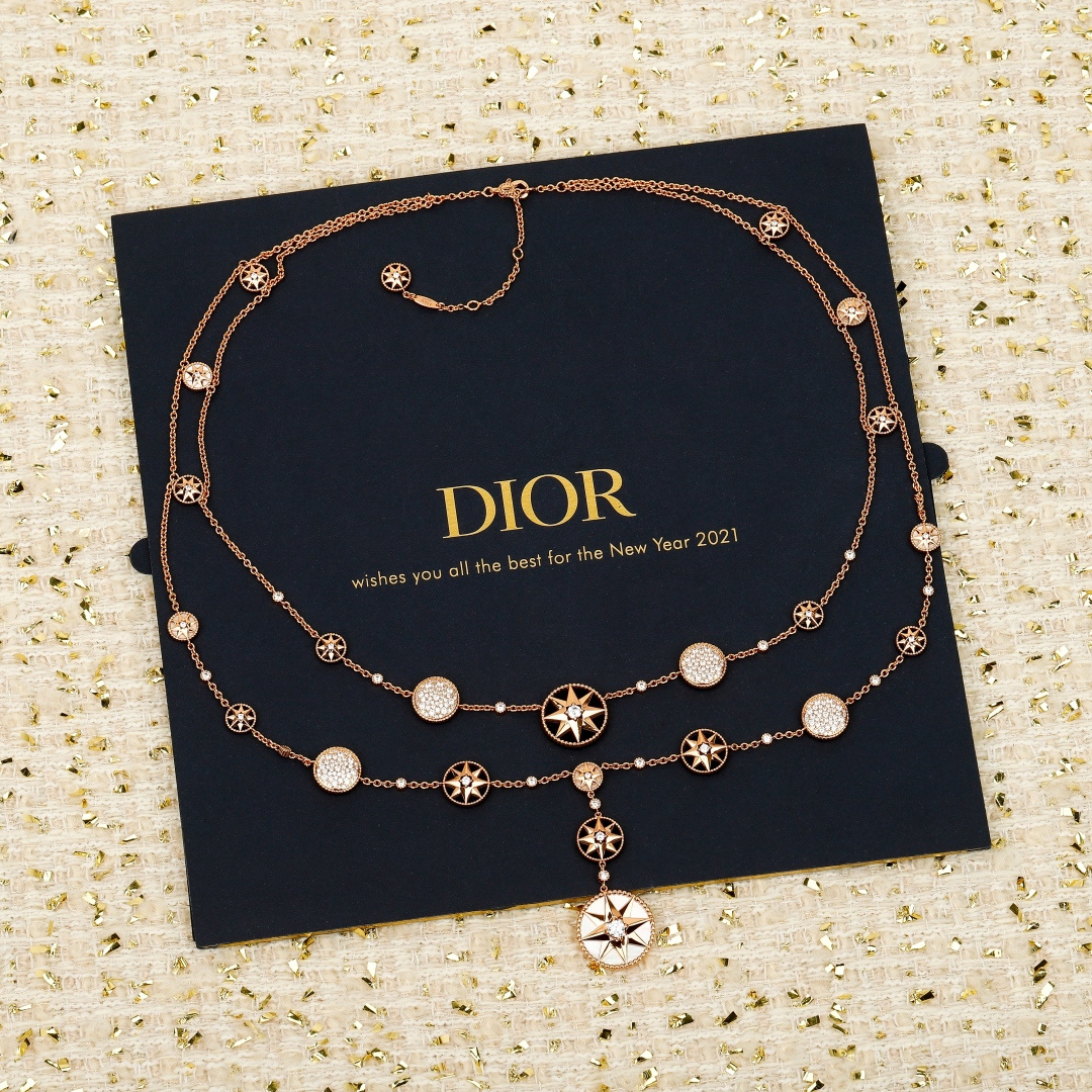 Dior Compass Rose des Vents double-layer long necklace necklace Available in yellow gold rose gold and silver-tone metal set with clear diamonds white mother-of-pearl and black onyx accents 80cm with 5cm extender chain
