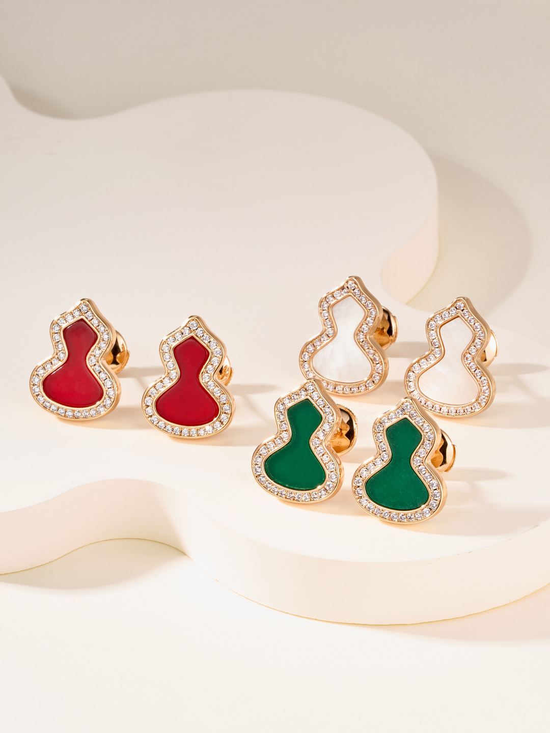 Qeelin Wulu earrings rose gold with diamond accents available in green malachite red carnelian and white mother-of-pearl inlay options large size