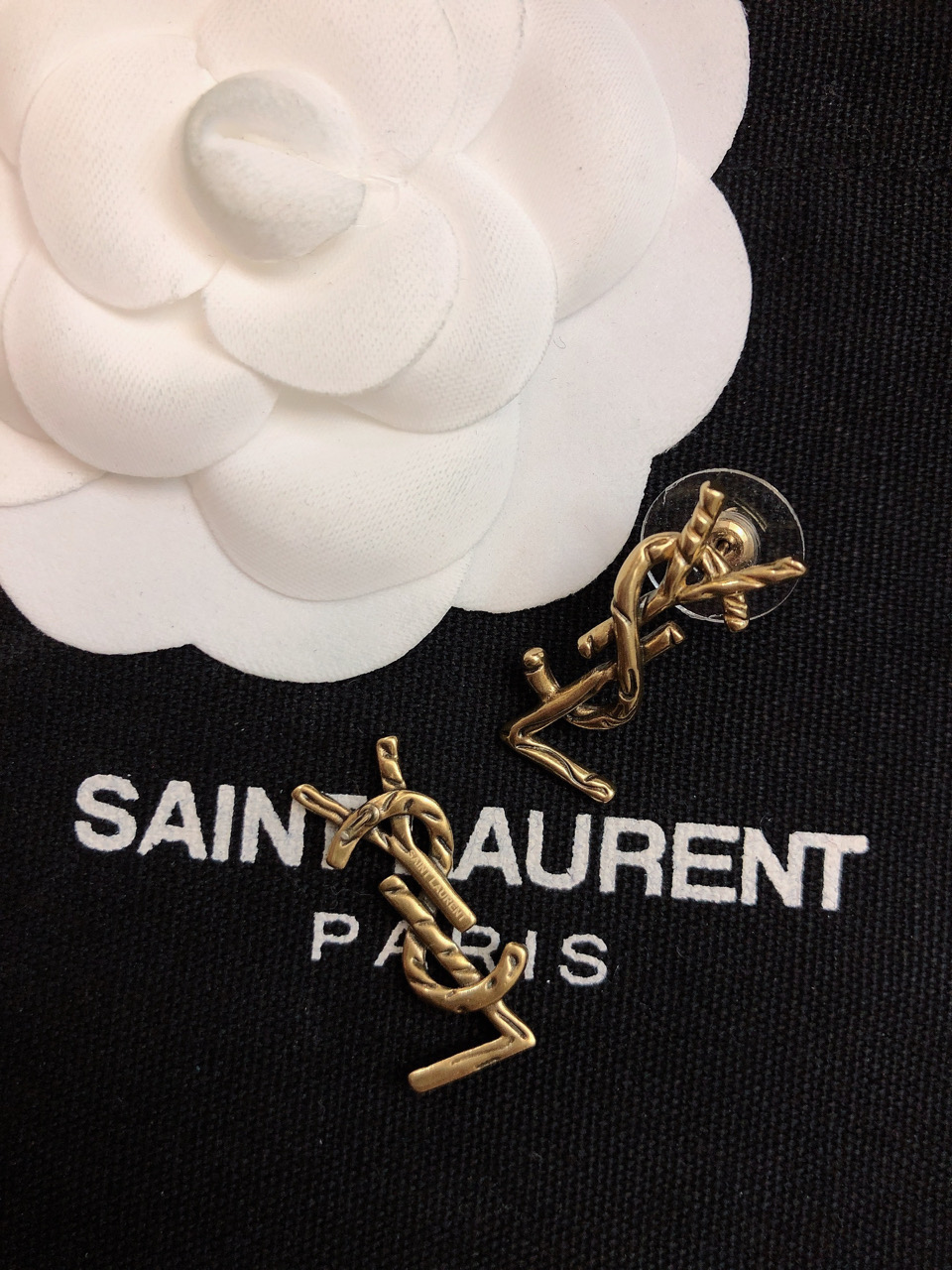 Saint Laurent CALL ME Twisted YSL Monogram earrings antique gold tone metal no gemstones 2 5cm stud length