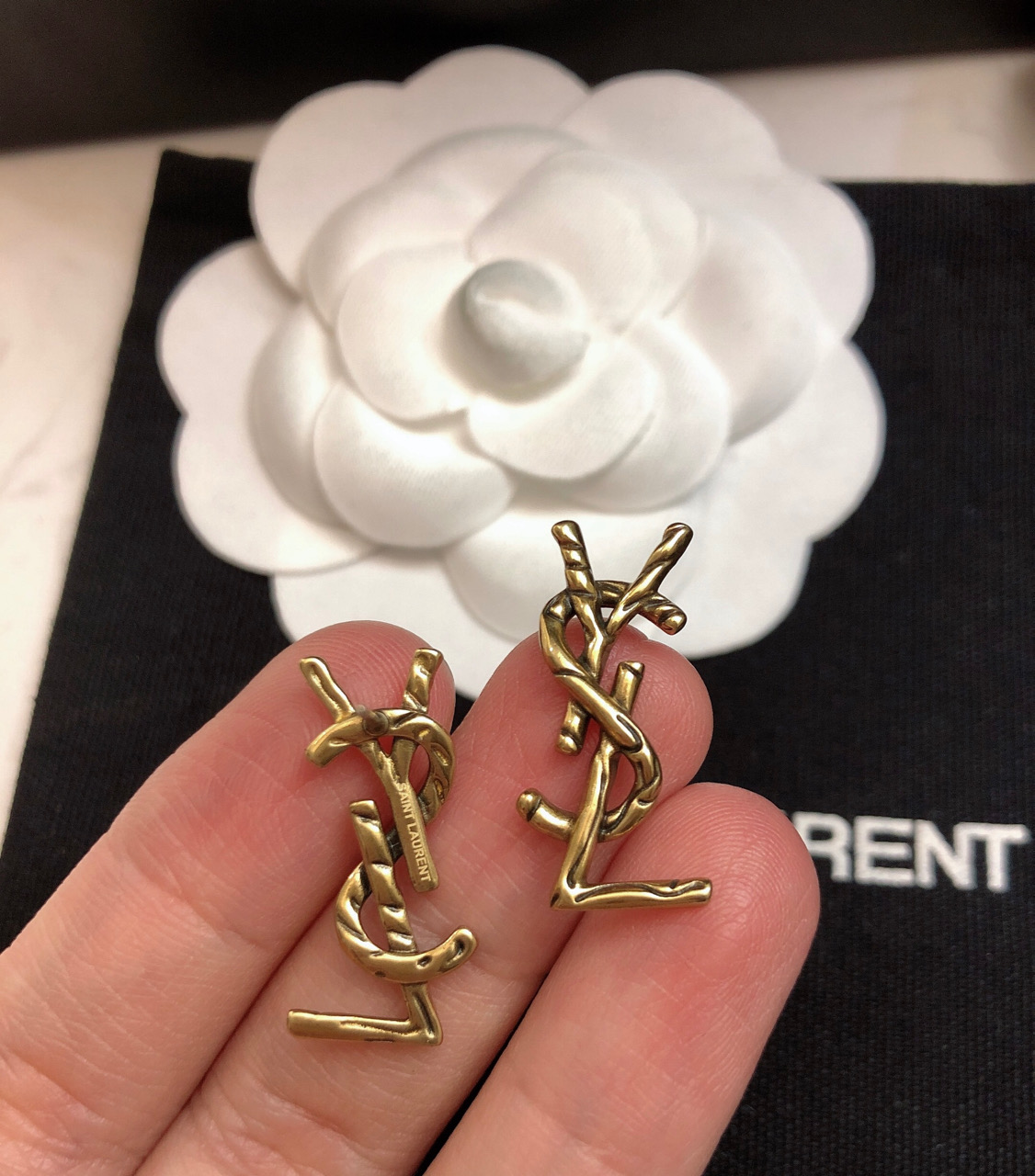 Saint Laurent CALL ME Twisted YSL Monogram earrings antique gold tone metal no gemstones 2 5cm stud length
