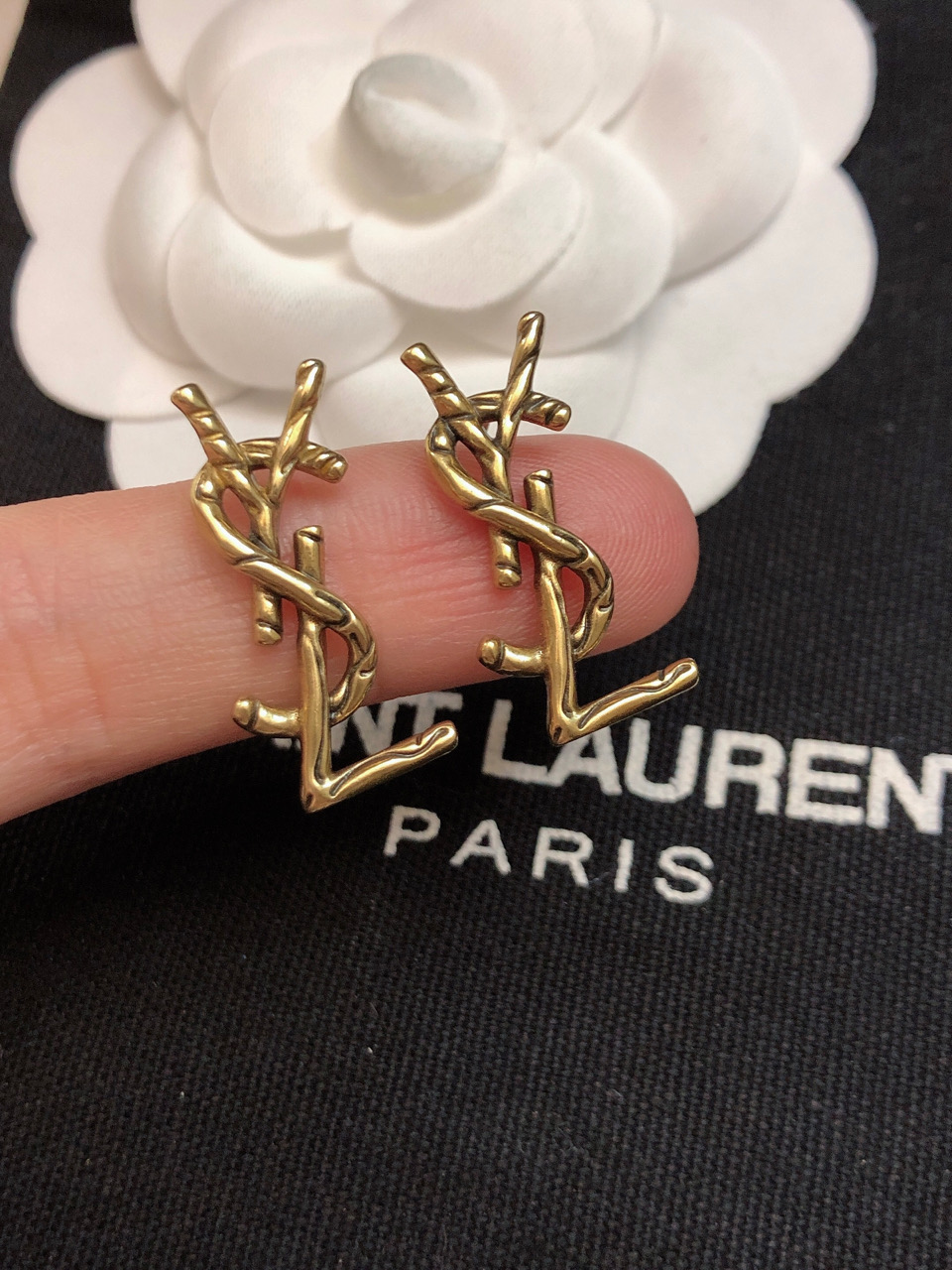 Saint Laurent CALL ME Twisted YSL Monogram earrings antique gold tone metal no gemstones 2 5cm stud length