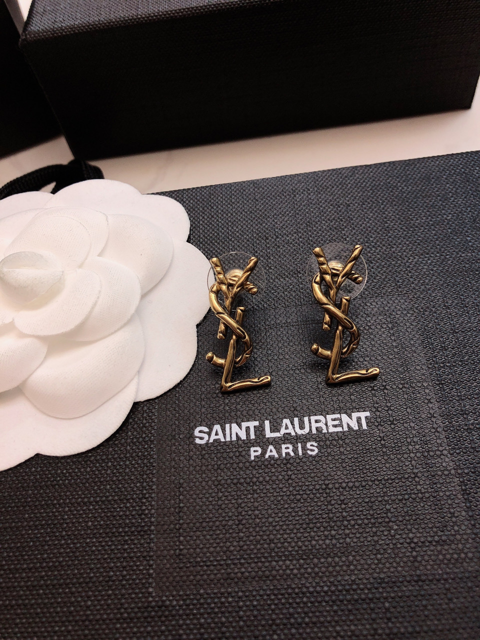 Saint Laurent CALL ME Twisted YSL Monogram earrings antique gold tone metal no gemstones 2 5cm stud length