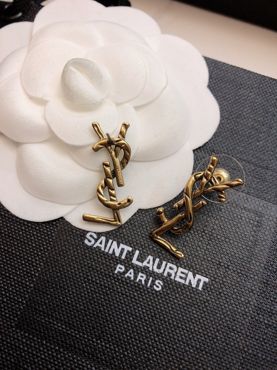 Saint Laurent CALL ME Twisted YSL Monogram earrings antique gold tone metal no gemstones 2 5cm stud length