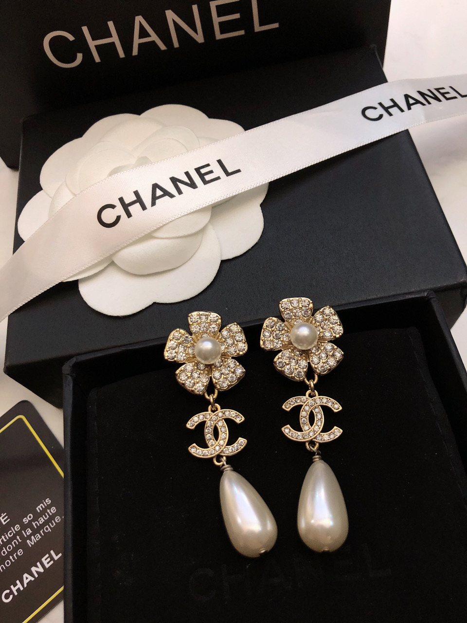 Chanel CC Camellia Teardrop Pearl Drop Earrings earrings Gold-tone metal clear crystal white pearl 4 5cm drop length