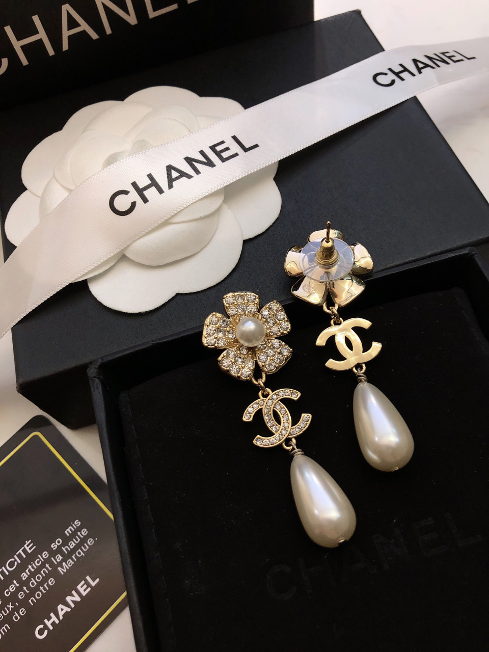 Chanel CC Camellia Teardrop Pearl Drop Earrings earrings Gold-tone metal clear crystal white pearl 4 5cm drop length