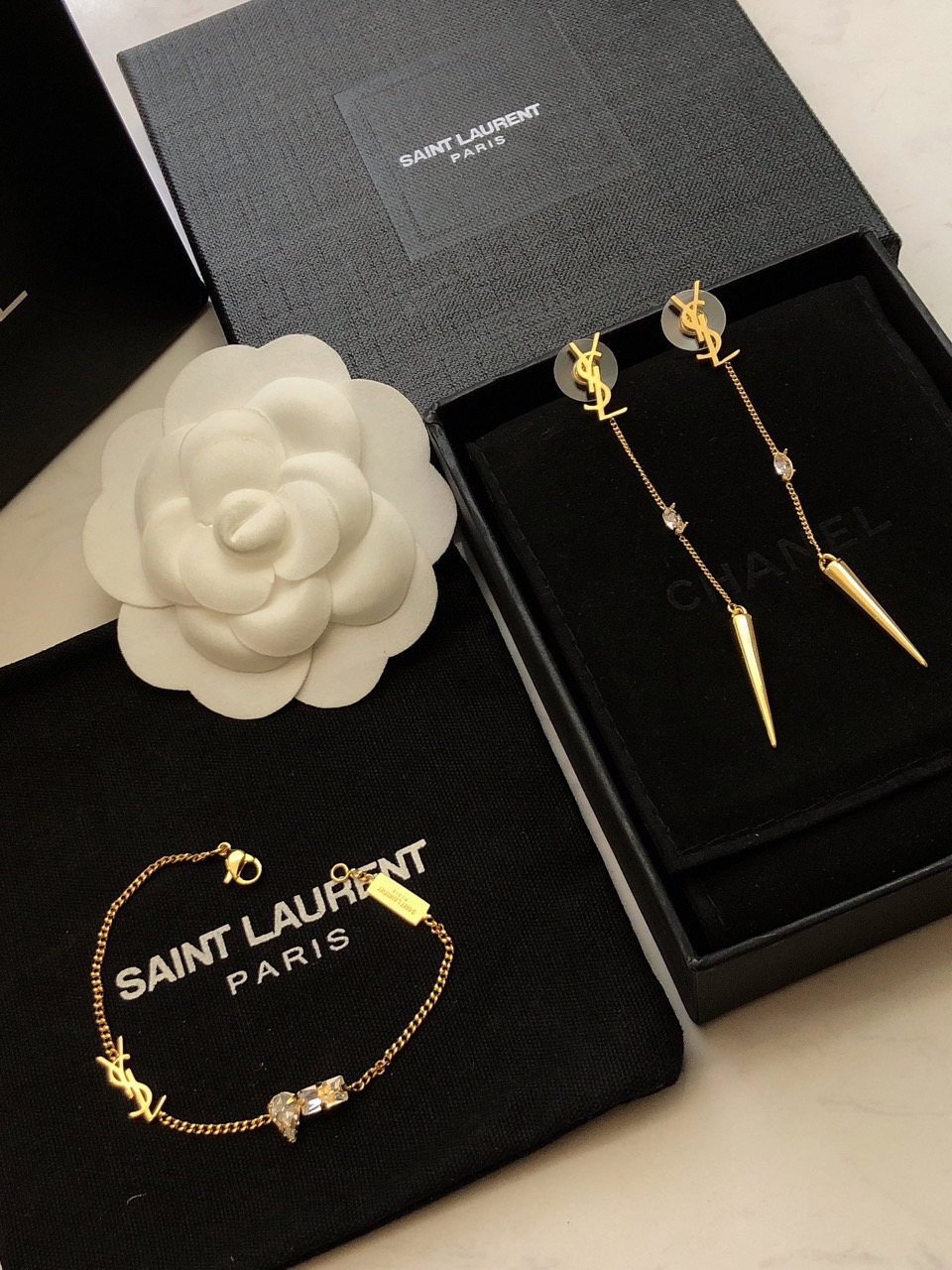 Saint Laurent Cassandre Spike Crystal Drop earrings gold-tone metal with clear faceted crystals 6 5cm drop length