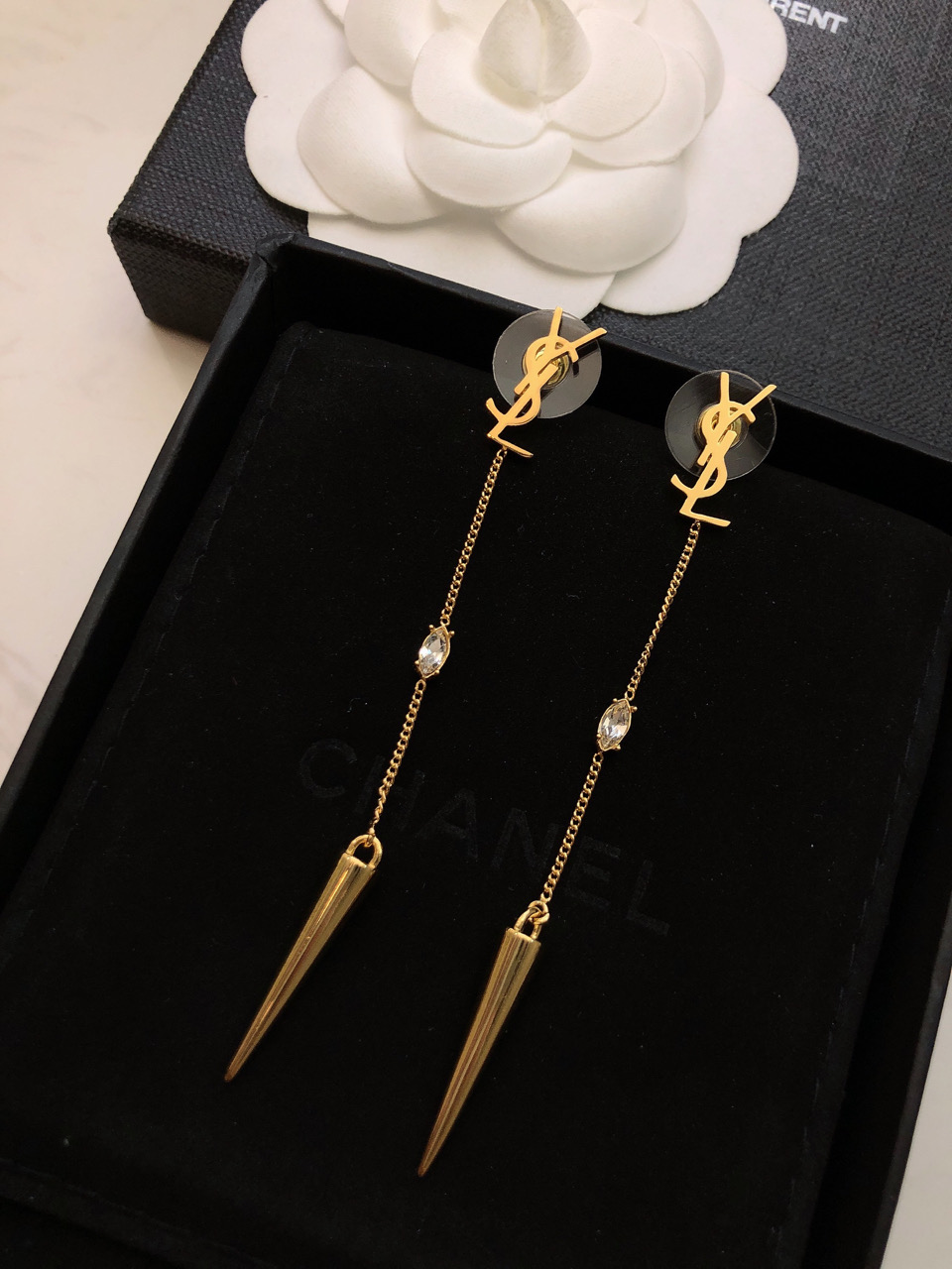 Saint Laurent Cassandre Spike Crystal Drop earrings gold-tone metal with clear faceted crystals 6 5cm drop length