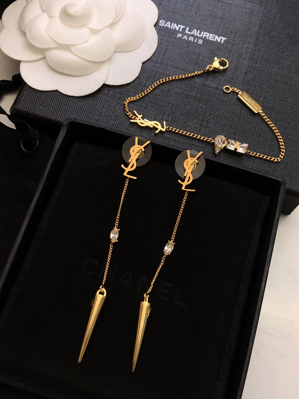 Saint Laurent Cassandre Spike Crystal Drop earrings gold-tone metal with clear faceted crystals 6 5cm drop length