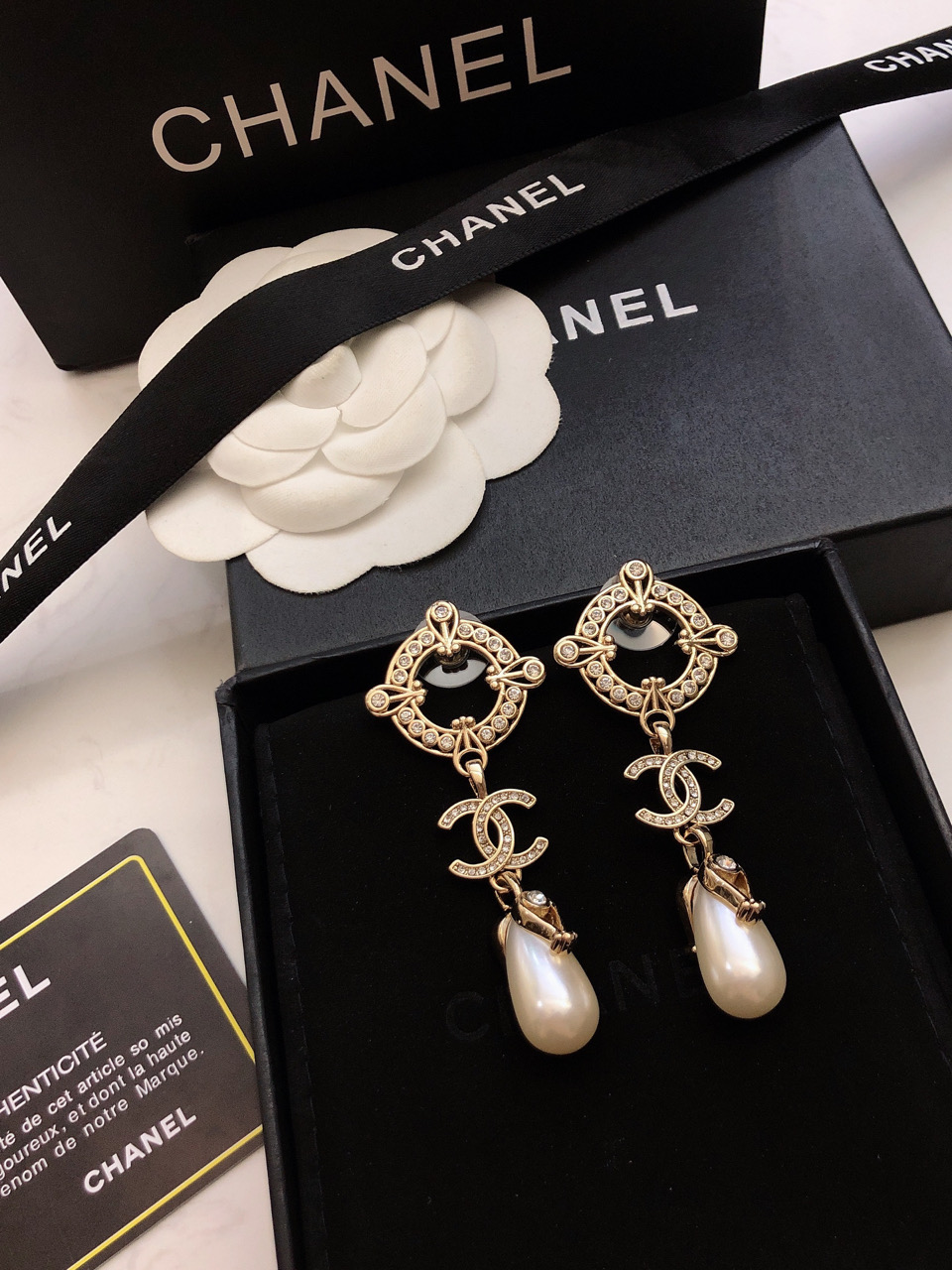 Chanel CC Logo Pearl Drop Earrings earrings Champagne gold metal clear crystal white pearl 4 5cm drop length