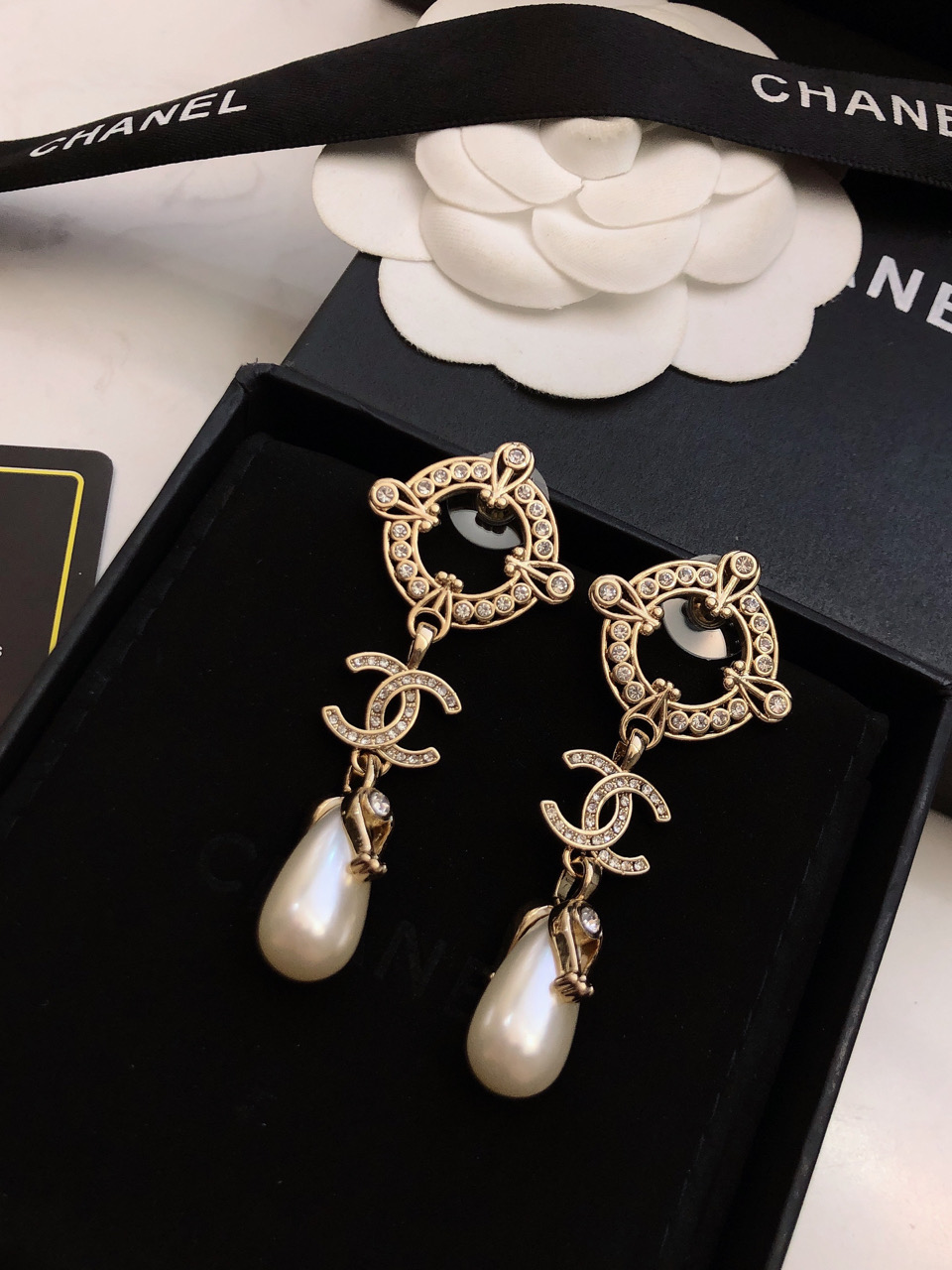 Chanel CC Logo Pearl Drop Earrings earrings Champagne gold metal clear crystal white pearl 4 5cm drop length