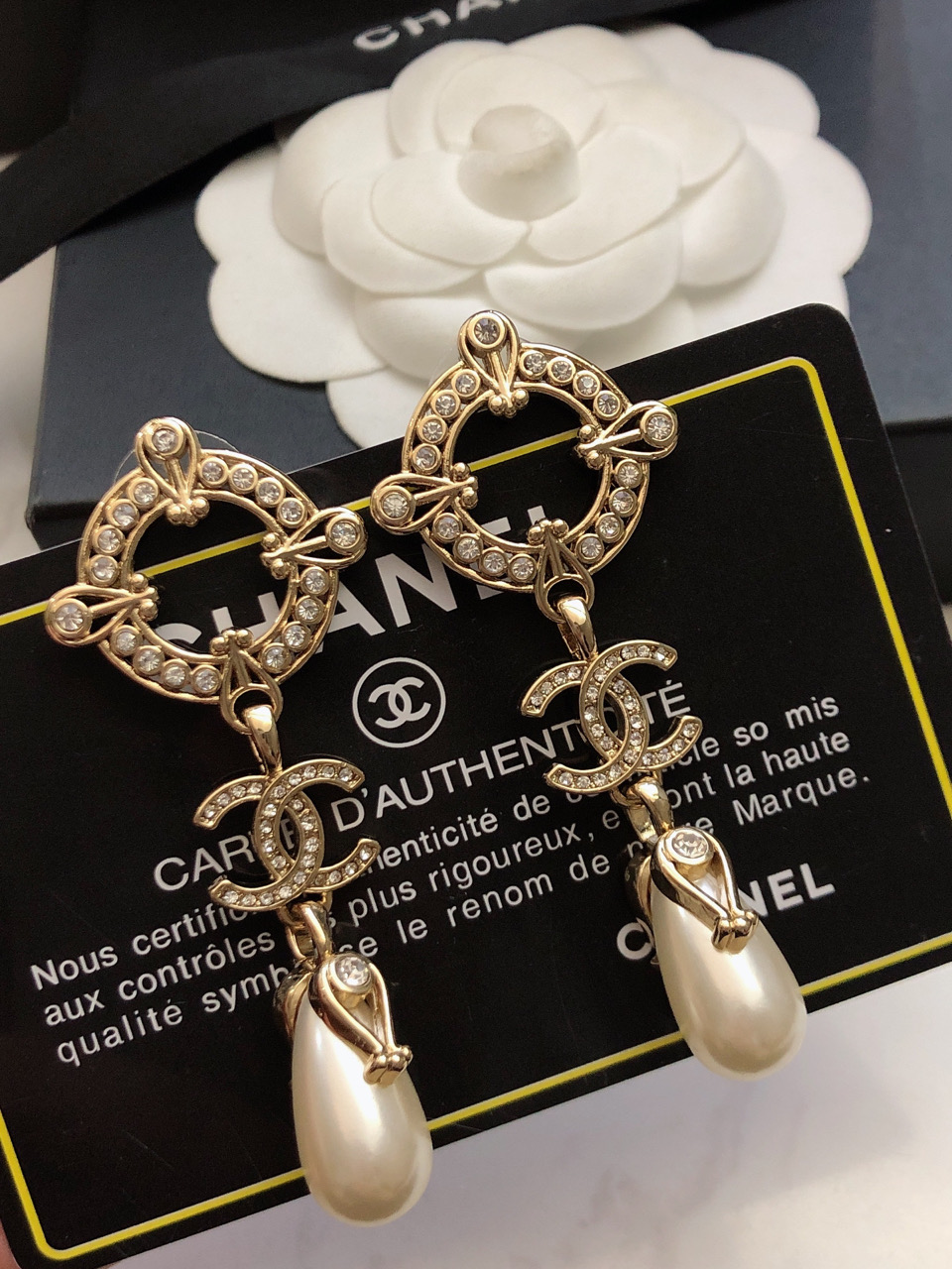 Chanel CC Logo Pearl Drop Earrings earrings Champagne gold metal clear crystal white pearl 4 5cm drop length