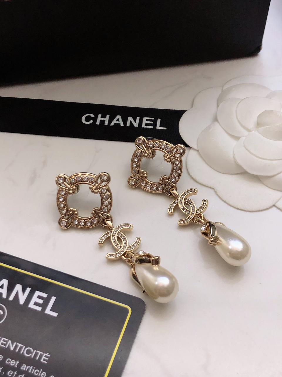 Chanel CC Logo Pearl Drop Earrings earrings Champagne gold metal clear crystal white pearl 4 5cm drop length