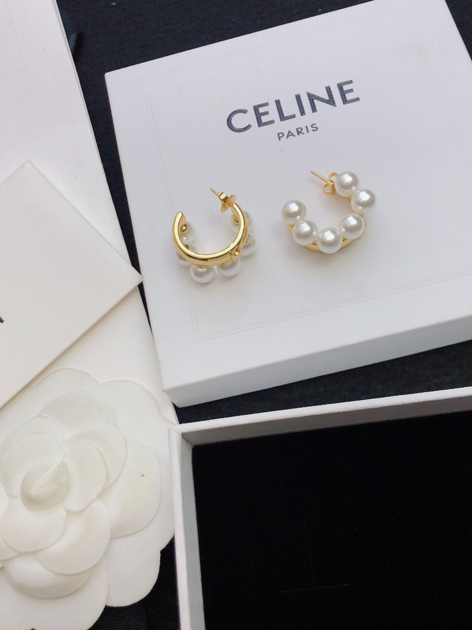 Celine Pearl Embellished Hoop Earrings earrings gold-tone metal with white imitation pearls 2cm hoop diameter