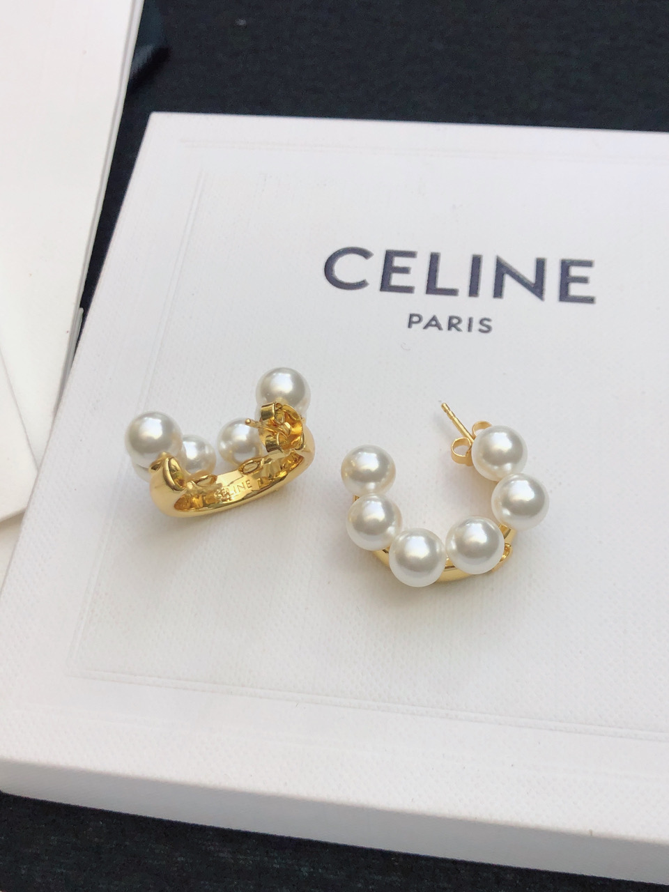 Celine Pearl Embellished Hoop Earrings earrings gold-tone metal with white imitation pearls 2cm hoop diameter