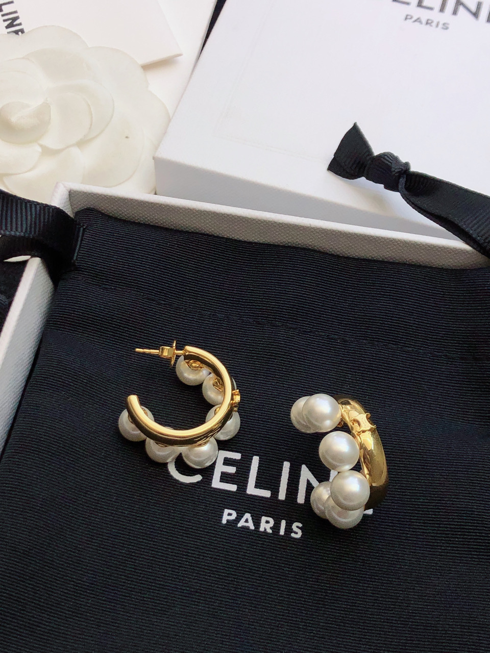 Celine Pearl Embellished Hoop Earrings earrings gold-tone metal with white imitation pearls 2cm hoop diameter