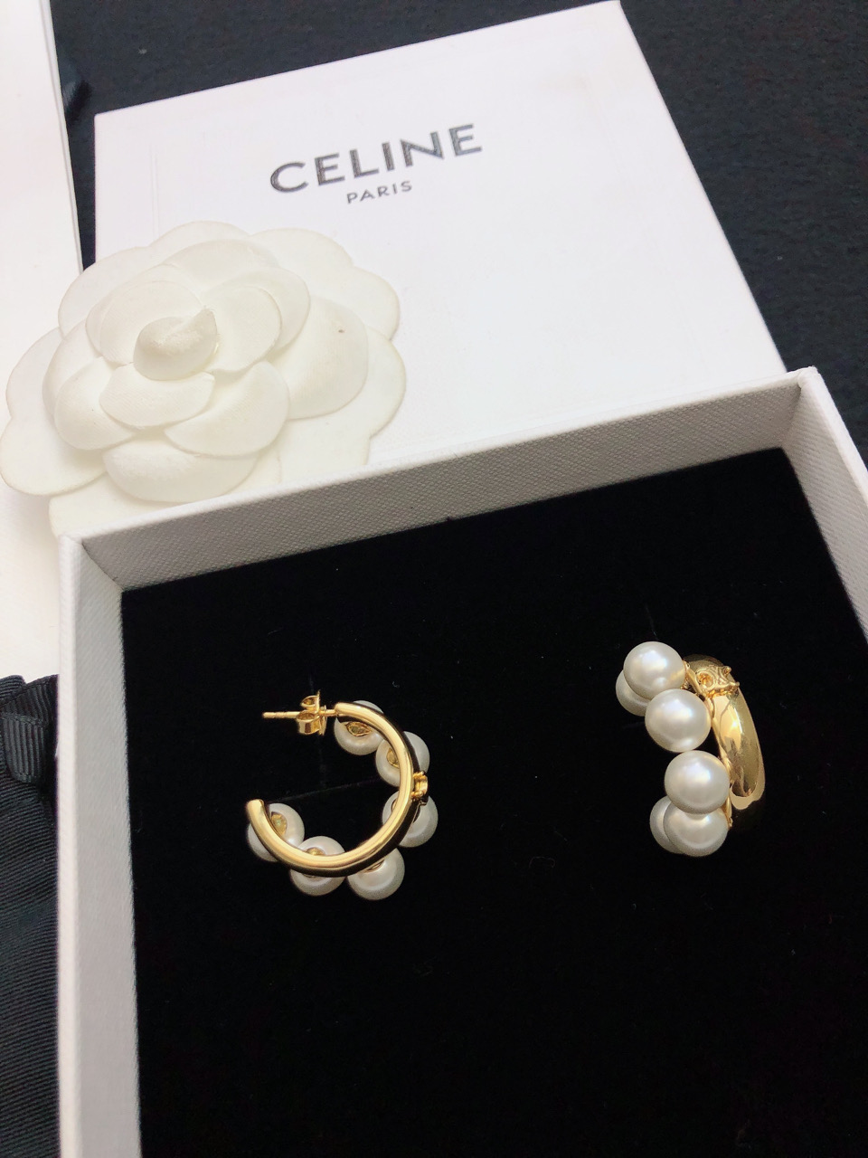 Celine Pearl Embellished Hoop Earrings earrings gold-tone metal with white imitation pearls 2cm hoop diameter