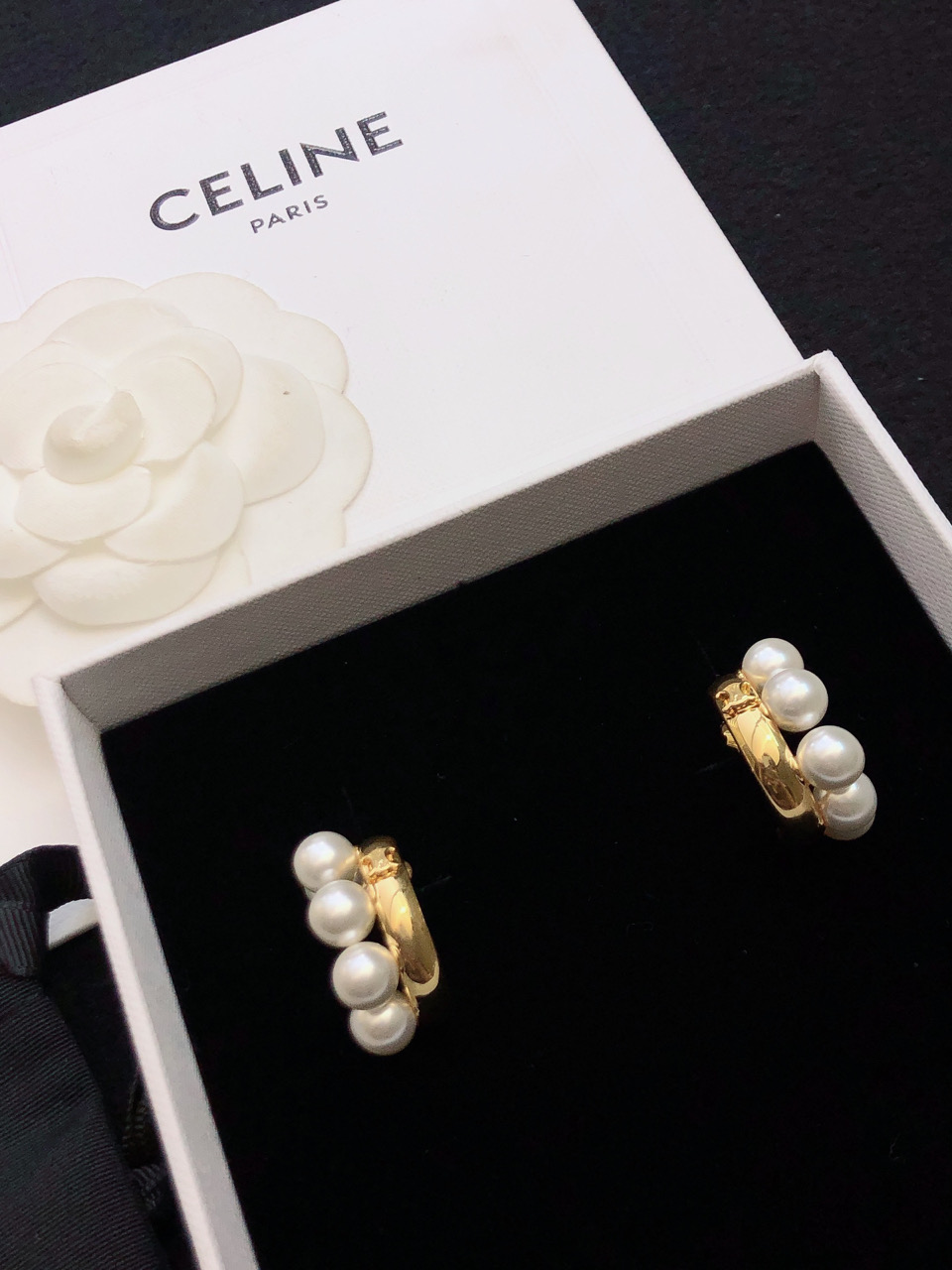 Celine Pearl Embellished Hoop Earrings earrings gold-tone metal with white imitation pearls 2cm hoop diameter