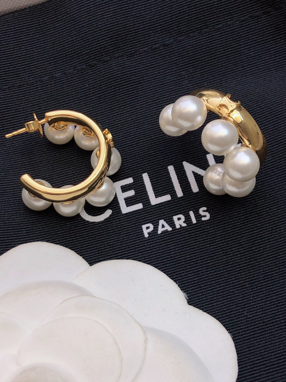 Celine Pearl Embellished Hoop Earrings earrings gold-tone metal with white imitation pearls 2cm hoop diameter