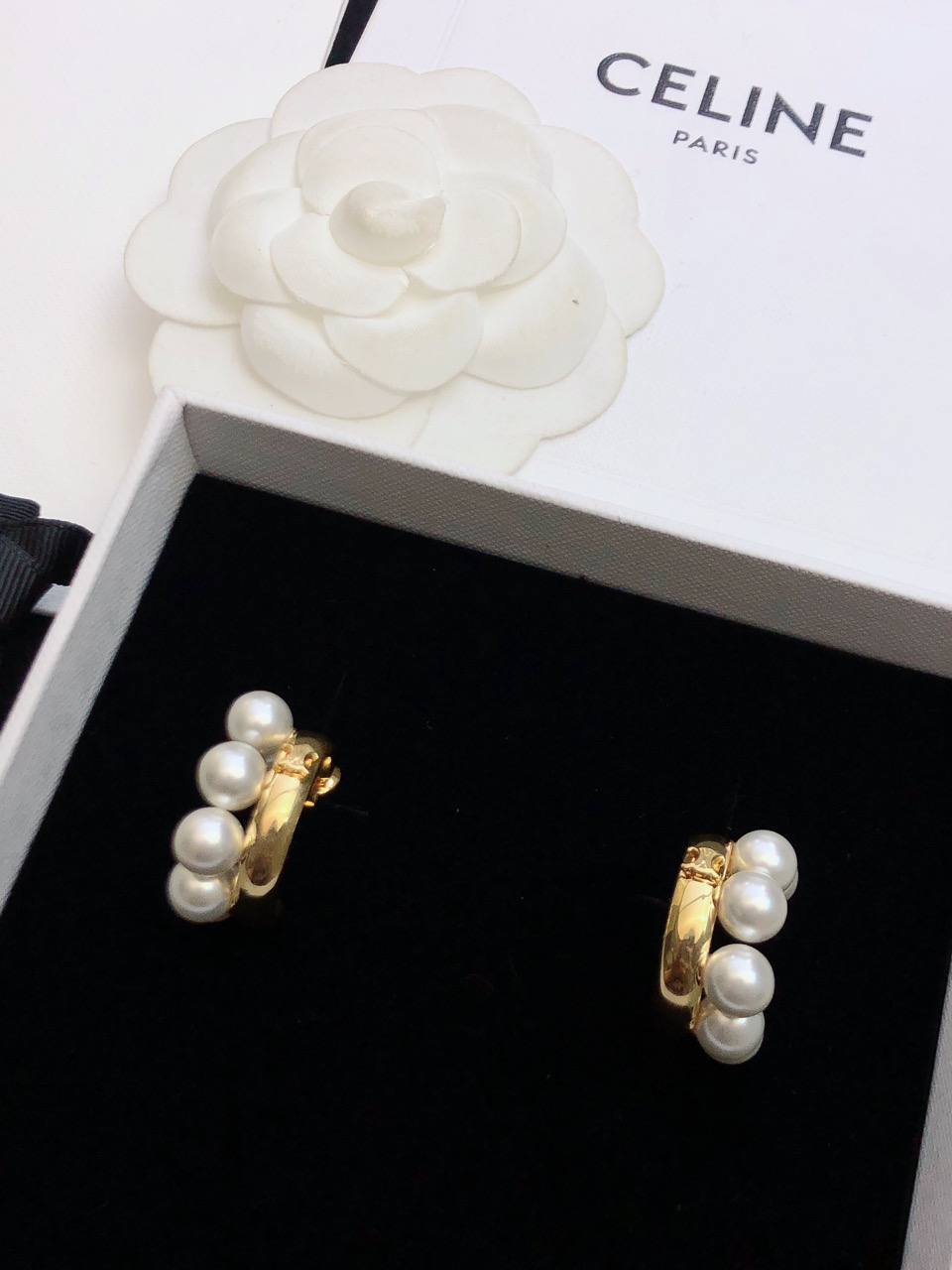 Celine Pearl Embellished Hoop Earrings earrings gold-tone metal with white imitation pearls 2cm hoop diameter