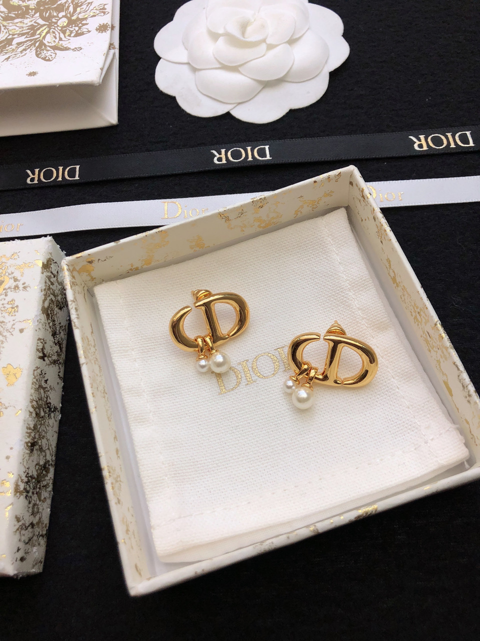 Dior CD Logo Pearl Drop earrings Gold-tone metal with white pearl accents One Size