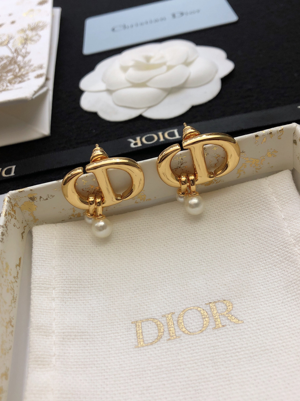 Dior CD Logo Pearl Drop earrings Gold-tone metal with white pearl accents One Size