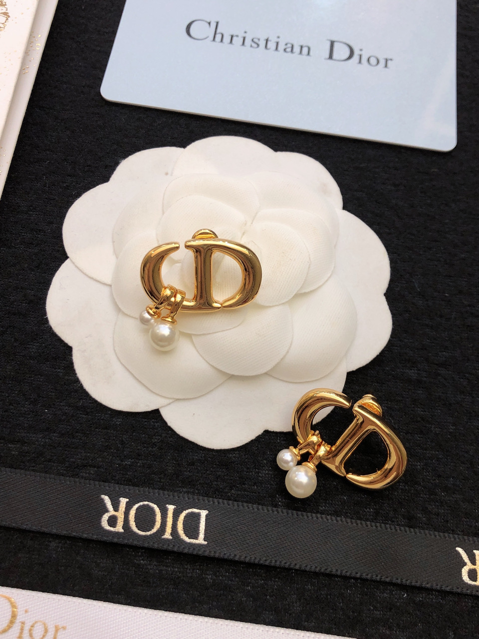 Dior CD Logo Pearl Drop earrings Gold-tone metal with white pearl accents One Size