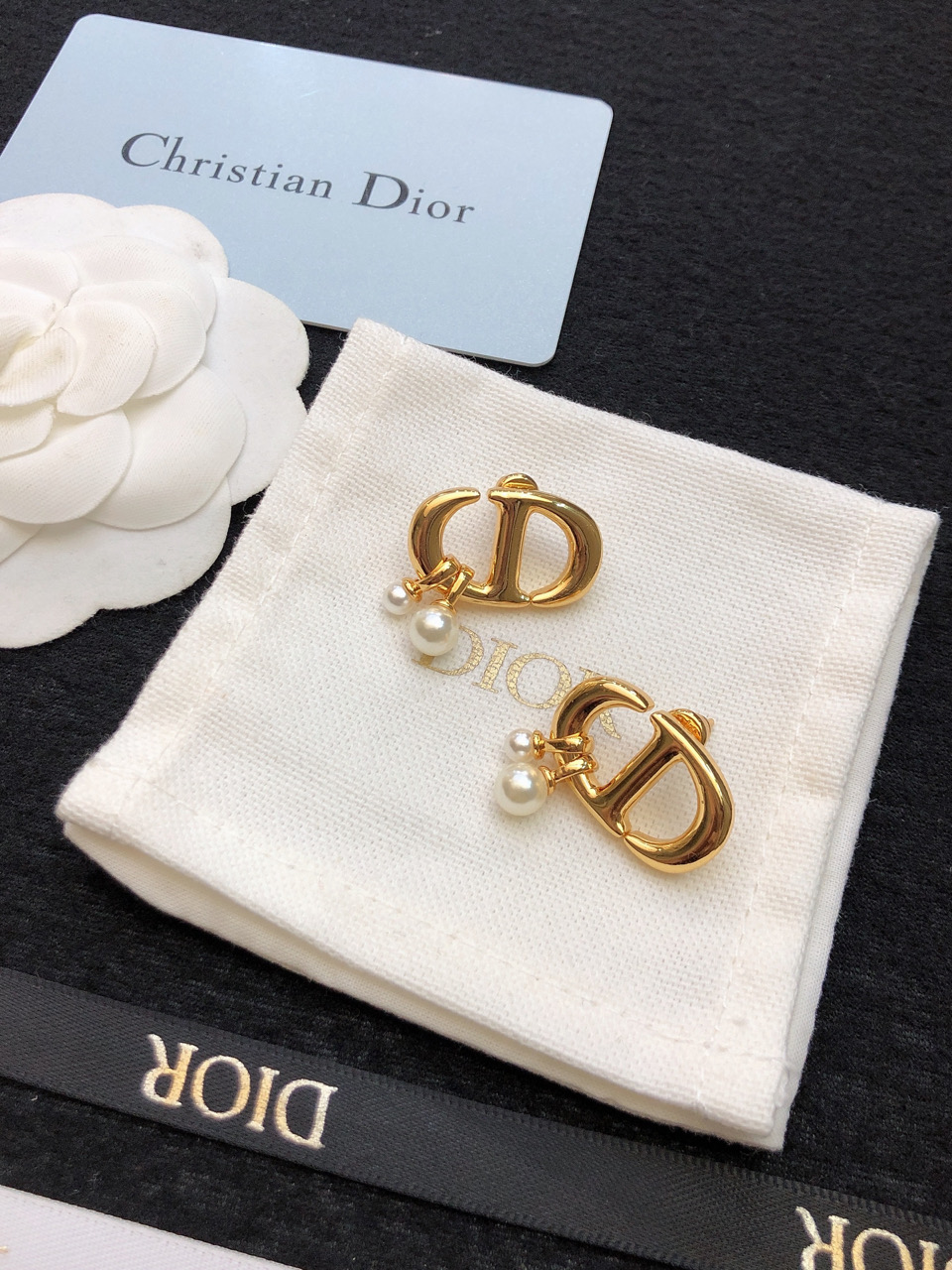 Dior CD Logo Pearl Drop earrings Gold-tone metal with white pearl accents One Size