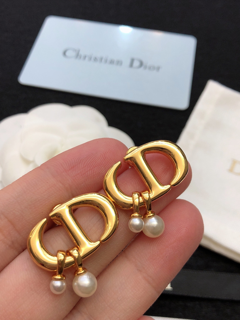 Dior CD Logo Pearl Drop earrings Gold-tone metal with white pearl accents One Size