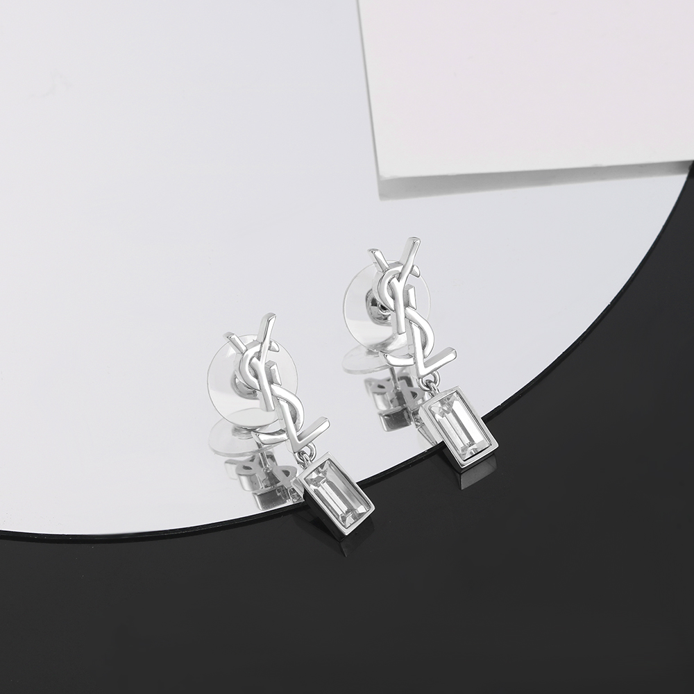 Saint Laurent Cassandre YSL Monogram Baguette Crystal Drop Earrings earrings Gold-tone metal with clear baguette-cut crystals also available in silver-tone metal with clear baguette-cut crystals 2 2cm drop length