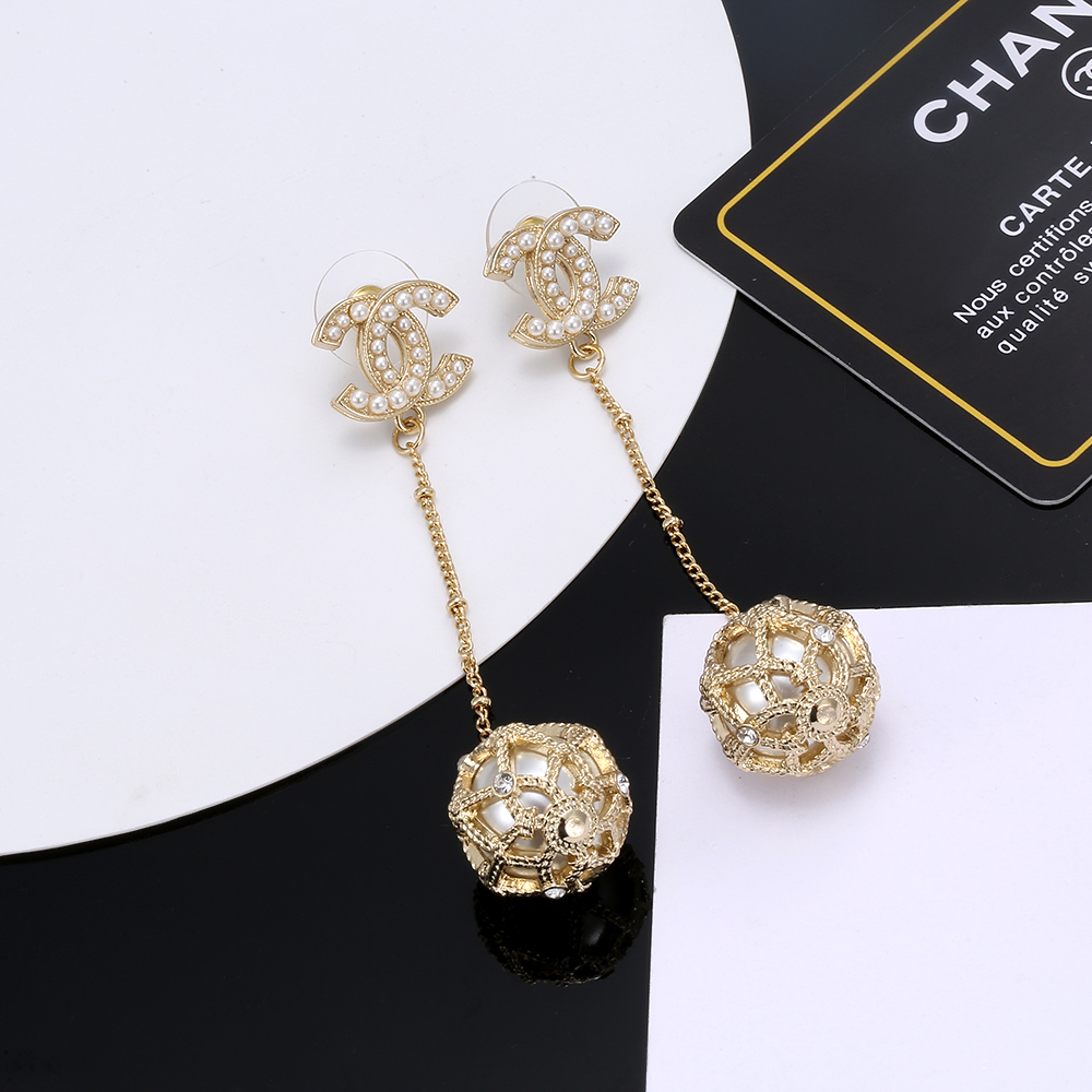 Chanel CC Logo Caged Pearl Drop Earrings earrings gold-tone metal white faux pearl clear crystal accents 6cm total drop length