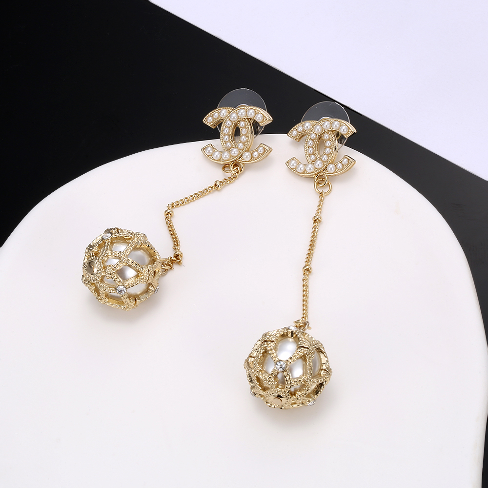 Chanel CC Logo Caged Pearl Drop Earrings earrings gold-tone metal white faux pearl clear crystal accents 6cm total drop length