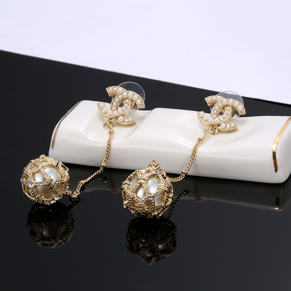 Chanel CC Logo Caged Pearl Drop Earrings earrings gold-tone metal white faux pearl clear crystal accents 6cm total drop length