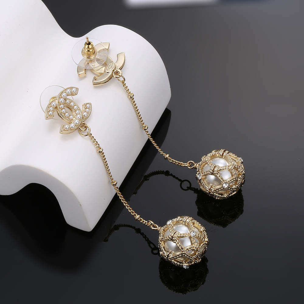 Chanel CC Logo Caged Pearl Drop Earrings earrings gold-tone metal white faux pearl clear crystal accents 6cm total drop length