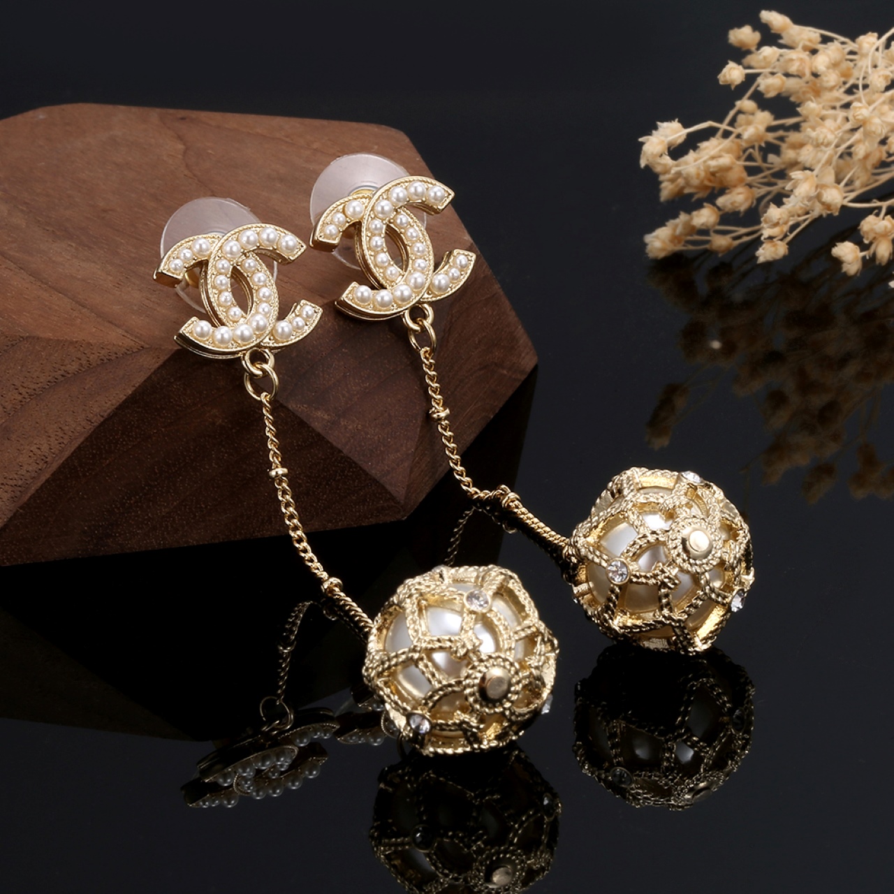 Chanel CC Logo Caged Pearl Drop Earrings earrings gold-tone metal white faux pearl clear crystal accents 6cm total drop length