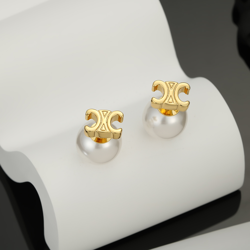 Celine Triomphe Pearl Stud Earrings earrings Gold-tone metal with white pearl One Size 10mm pearl diameter