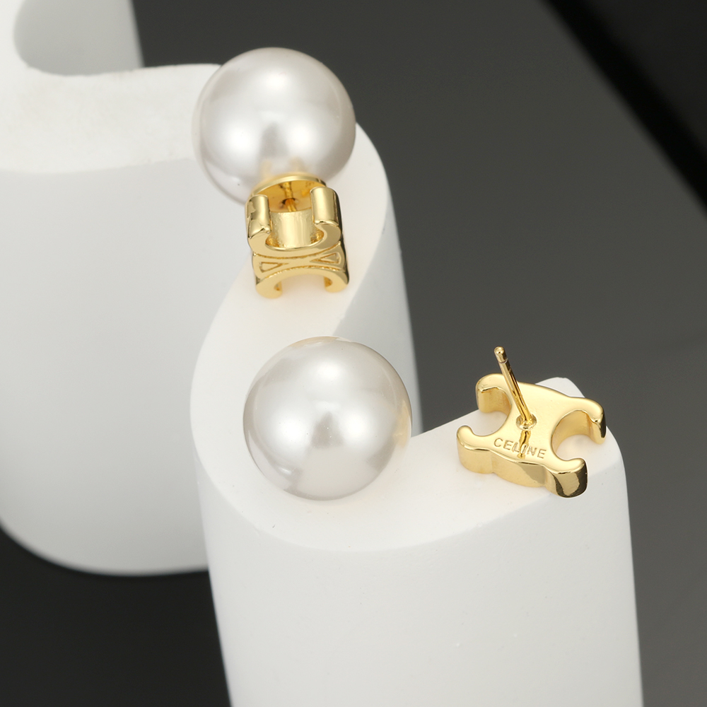 Celine Triomphe Pearl Stud Earrings earrings Gold-tone metal with white pearl One Size 10mm pearl diameter